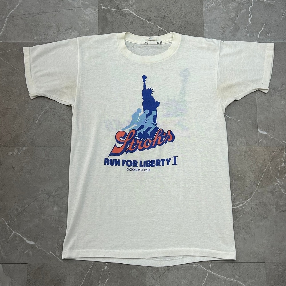 80s Vintage Marathon Graphic Tee Mens Medium Strohs Beer Brooks Running Distress